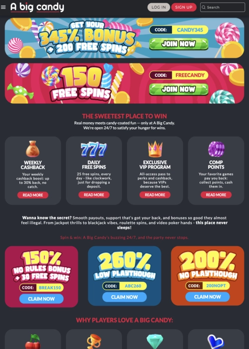 Premium promotions offers page A Big Candy Casino